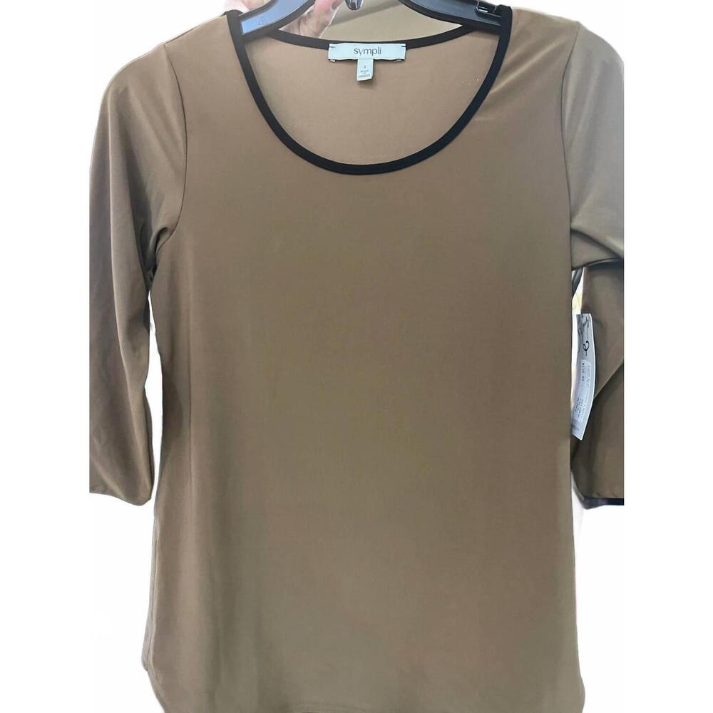 NEW SYMPLI women's tipped go to classic 3/4 sleeve top in tobacco black